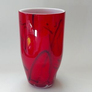 Eastern Art Glass Blown Red & White Cased Vase with Black/Yellow Abstract Design